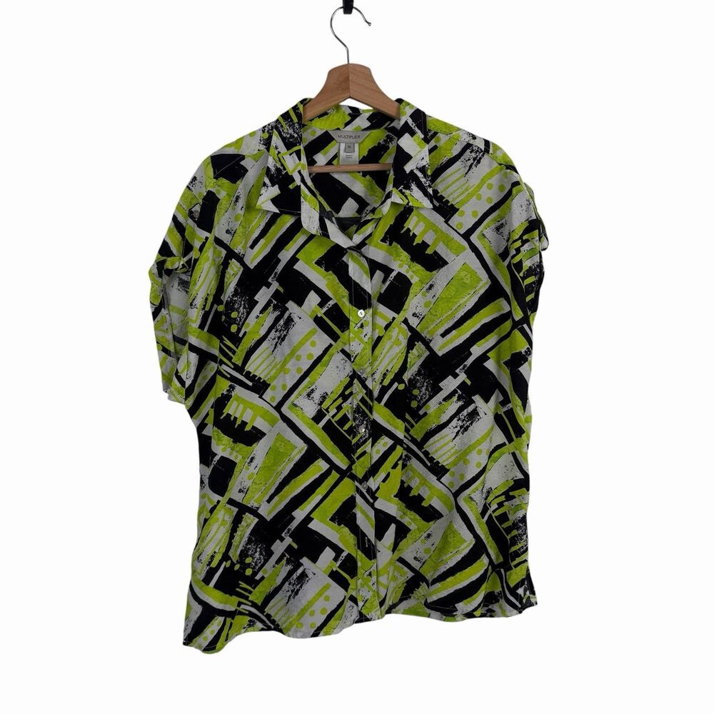 Multiples Blouse XL Top Neon Green Black Abstract Art Wear Colorful Cap Sleeve